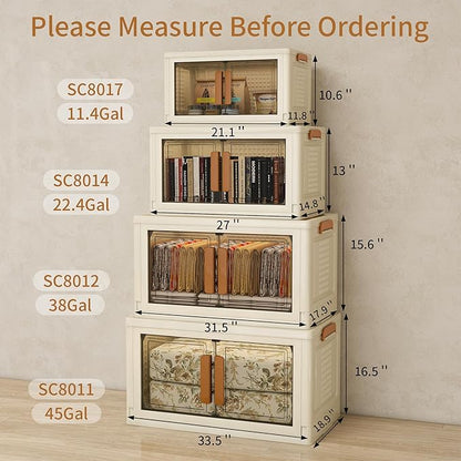 Plastic Stackable Storage Bins with Lids and Wheels, Foldable Closet Organizers and Storage Containers for Bathroom, Collapsible Clear Drawer Storage Cabinet with Doors White 11.4Gal 4Tiers