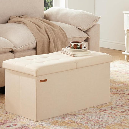 HAUSFRAU - 30 Inches Storage Ottoman Bench with Flipping Lid, Foldable Storage Chest Foot Rest for Living Room, Bedroom, Entryway, Load 660 lb, Linen Beige