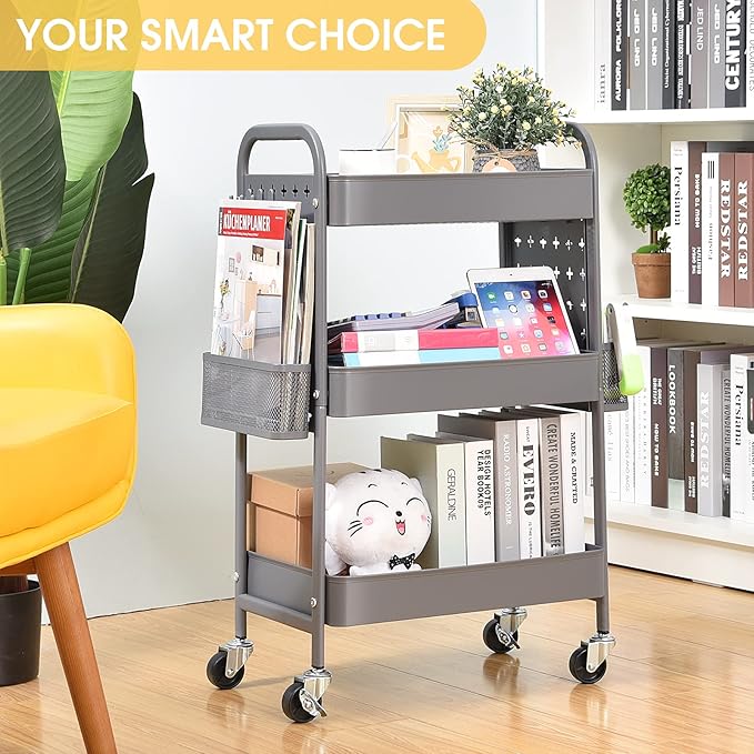 TOOLF 3-Tier Rolling Cart, Metal Utility Storage Cart with DIY Pegboards, Art Craft Trolley with Baskets Hooks, Serving Organizer Easy Assemble for Office, Home, Kitchen, Classroom (Grey)