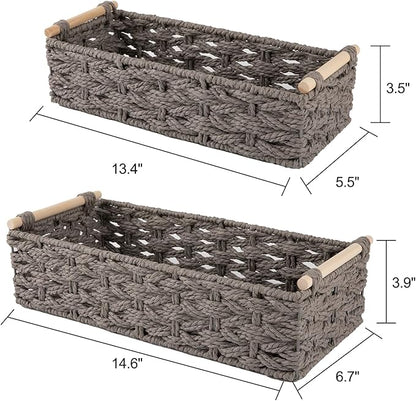OIAHOMY Toilet Paper Baskets Handmade Paper Rope Decorative Wicker Storage Tank Shelf Cabinet Organizer for Bathroom Home, Set of 2, Grey