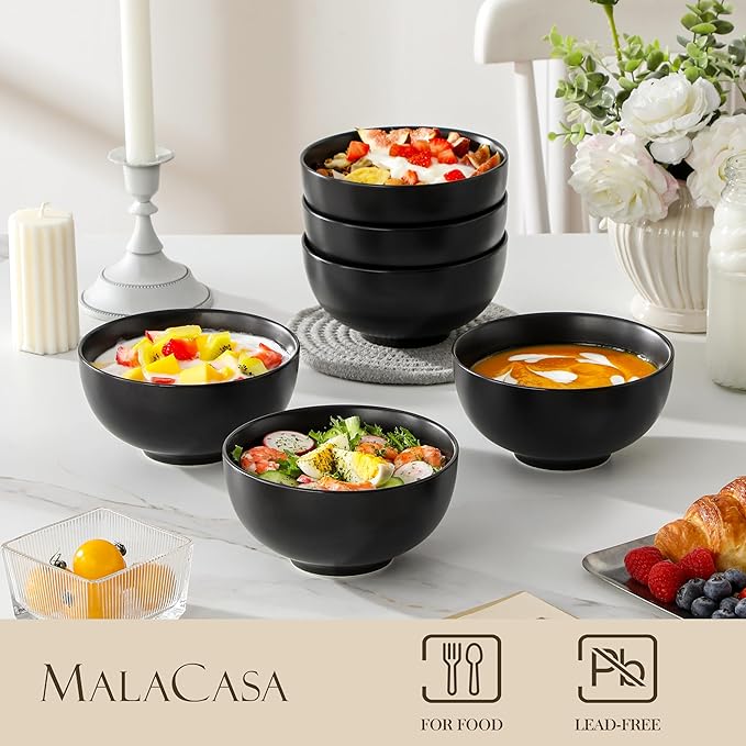 MALACASA 26 OZ Porcelain Soup Bowls Set of 6, Black Ceramic Bowls for Kitchen, Cereal Bowl for Oatmeal, Fruit, Salad, Ramen and Rice Bowl -Dishwasher & Microwave Safe Bowls