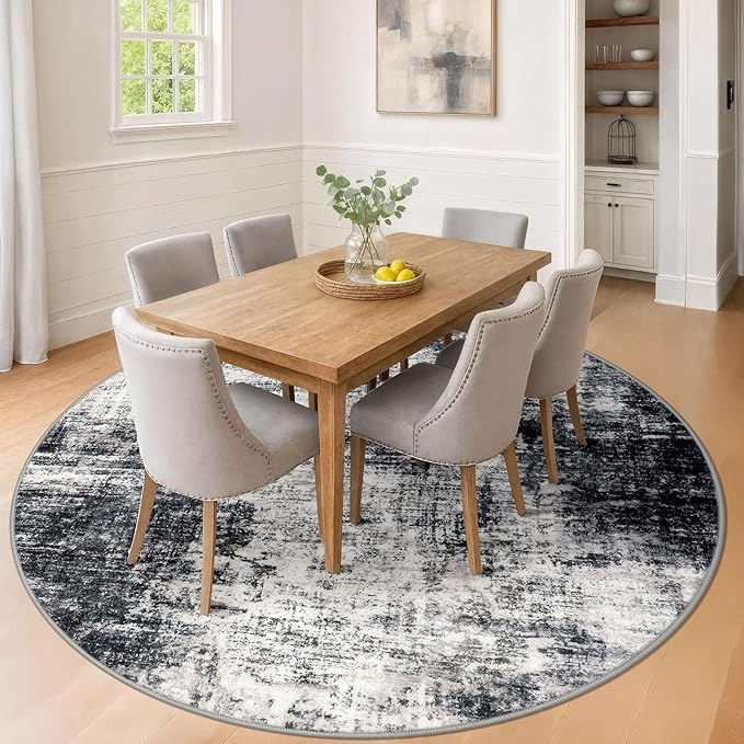 IOHOUZE Abstract Round Area Rug 8 Ft Washable Circle Rugs Large Round Rug Non Slip Thin Soft Circle Rugs, Printed Faux Wool Floor Carpet for Bedroom Living Room Dining Room Nursery, Black Grey