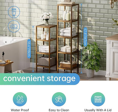 SMIBUY Bathroom Storage Shelf, 5-Tier Bamboo Rack Organizer, Multifunctional Shelving Unit for Living Room Bedroom Kitchen (Walnut)