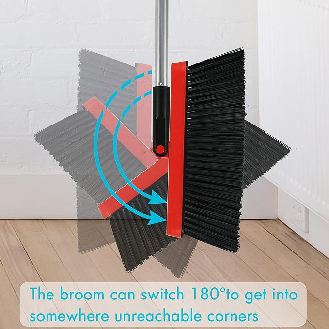 PHYEX 2-Pack Broom and Dustpan Combo Set, with 48" Adjustable Long Stainless Handles, Stand Up Dustpan with Self-Cleaning Teeth, Ideal for Home, Office, Kitchen, Indoor & Outdoor Use, Black