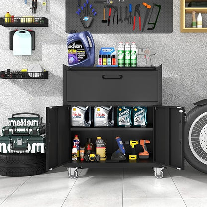 Metal Storage Cabinet with Wheels, Lockable Garage Cabinet with 2 Doors and 1 Drawer, Rolling Tool Storage, Assembly Required, Black