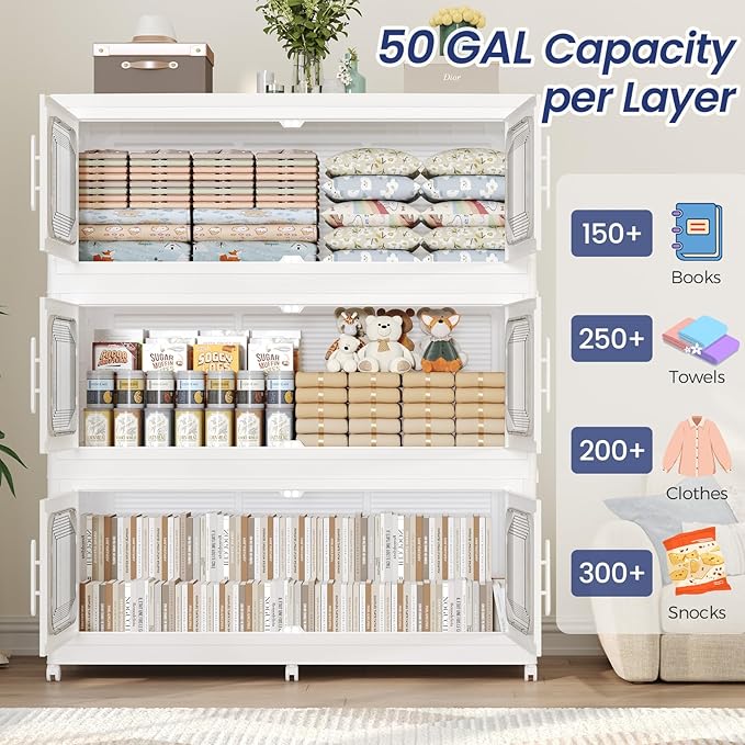 150GAL Extra Large Storage Bins with Lid, 600QT Storage Bins with Wheels, Folding Closet Organizer, Stackable Collapsible Plastic Storage Containers for Home, Office, Dorm, 3Pack White