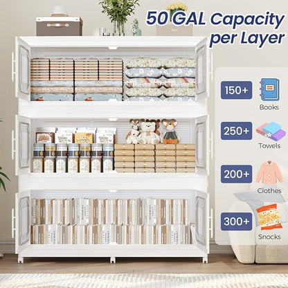 150GAL Extra Large Storage Bins with Lid, 600QT Storage Bins with Wheels, Folding Closet Organizer, Stackable Collapsible Plastic Storage Containers for Home, Office, Dorm, 3Pack White