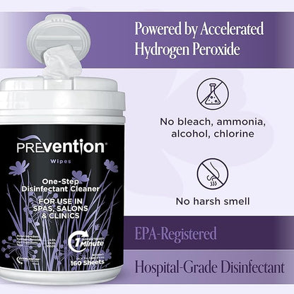 Prevention All Purpose Disinfectant Wipes – Canister of Cleaning Wipes for Salons, Spas, Wellness Centers and Yoga Studios – Hospital Grade Surface Sanitizing – 160 Count