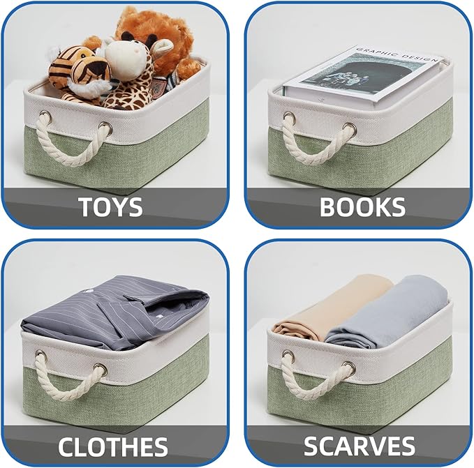 Temary Small Storage Baskets Small Fabric Bins for Closet, 6 Pack Decorative Storage Boxes with Rope Handles for Organizing Clothes, Canvas Storage Basket(White&Green,11.8L x 7.9W x 5.3H inches)