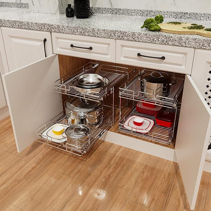 ROOMTEC Individual Pull Out Cabinet Organizer (11" W x 21" D), 2 Tier Spice Rack Organizer for Cabinet, Slide Out Drawer Pantry Shelf Organization and Storage for Kitchen Bathroom