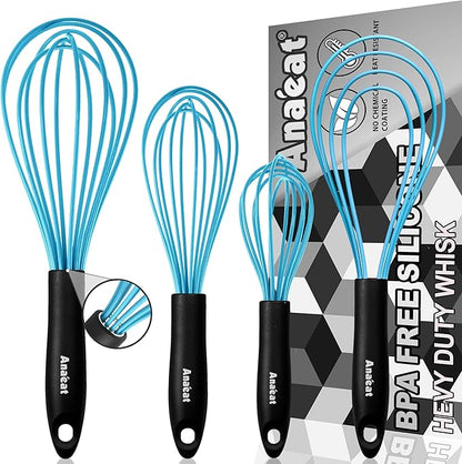 Anaeat Silicone Kitchen Whisk Set of 4, Perfect for Non-Stick Cookware, Milk and Egg Beater Blender for Whisking, Cooking, Baking, Beating - 11'' Flat Whisk and 8.5''+10.5''+12'' Balloon Whisks (Blue)