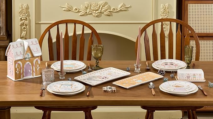 Bico Pastel Gingerbread Man Ceramic 14 inch Rectangular Serving Platter, Set of 2, for Serving Salad, Pasta, Cheese, Ham, Appetizer, Microwave & Dishwasher Safe