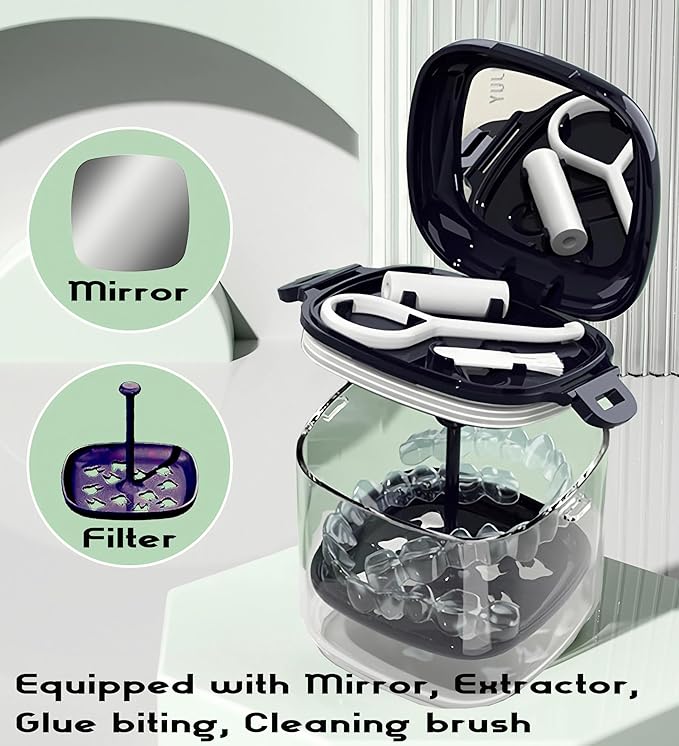 MURRI&MURRDI Retainer Case, Denture Bath Box with Strainer Basket, Mouth Guard Case, Braces Cleaner Cup, Cute Denture Holder Night Guard Storage Soak Container for Travel Cleaning (A Blue)