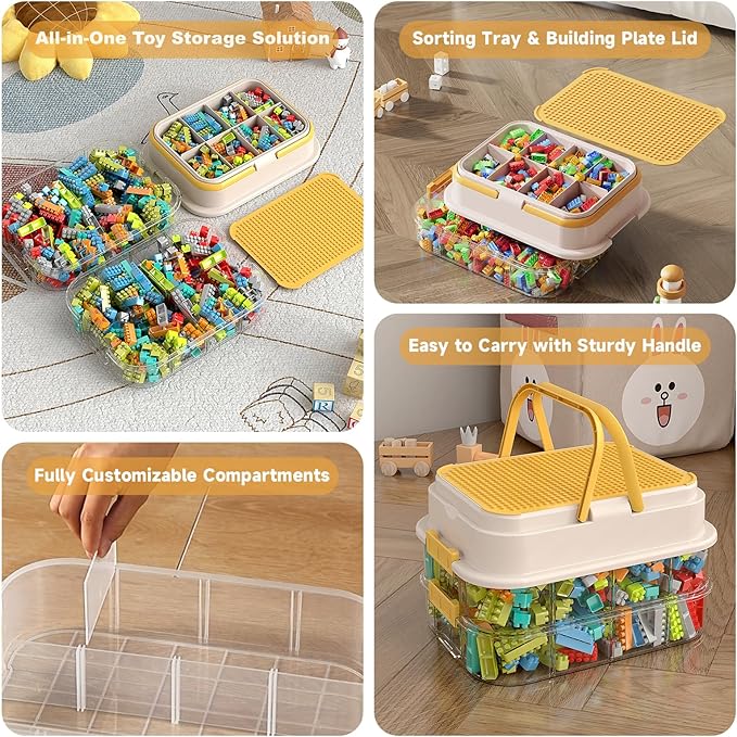 Toy Storage Organizer Box with Handle, Stackable Building Block Toy Box with Building Plate Lid & Removable Sorting Trays, Cubby Bins and Containers 2 Layer (Lemon)