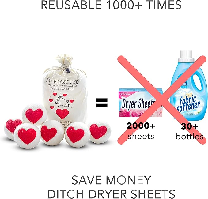 Friendsheep Wool Dryer Balls Red Heart 6 Pack XL Organic Premium Reusable Cruelty Free Handmade Fair Trade No Lint Fabric Softener - One Love