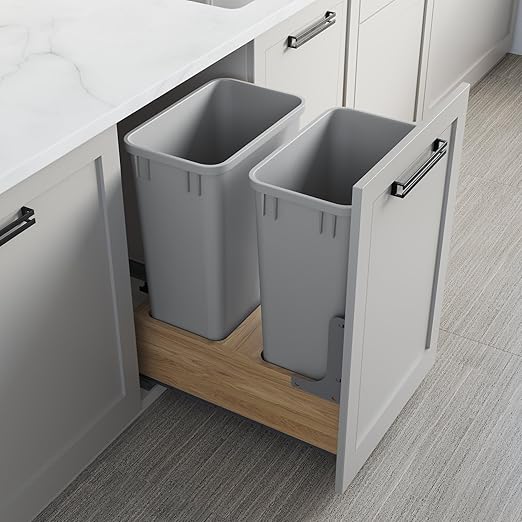 Dowell B18/B21 Wood Base Wastebasket Pullout with Two 50Qt Plastic Bins (4008 0218 50Qt X 2-18" W)