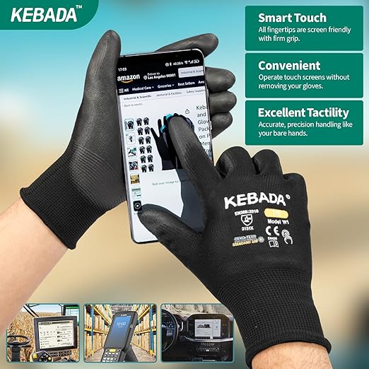 Kebada W1 Work Gloves for Men and Women, PU Coated Safety Gloves with Grip, Touchscreen, Ideal for Warehouse Package Handling, Construction, Gardening, Black X-Small