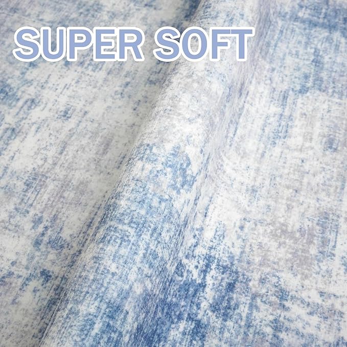 IOHOUZE Abstract Area Rugs 5x7 Ft Washable Rugs for Living Room, Non Slip Dining Room Rug, Printed Faux Wool Rugs for Bedroom, Floor Carpet for Office Nursery Playroom, Light Blue White
