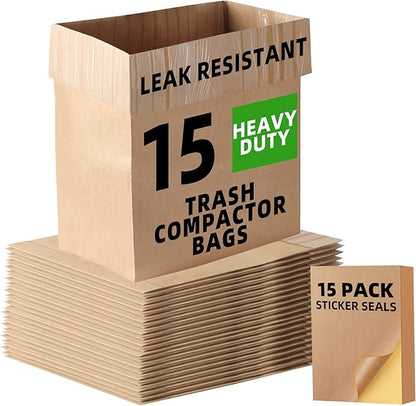 (15-Pack) Calvana Super Strong Compactor Bags, Heavy-Duty Kitchen Paper Trash Bags with Leak Proof Plastic Liner, Fits GE Model Compactors with Rectangular Containers, Includes 15 Sticker Seals