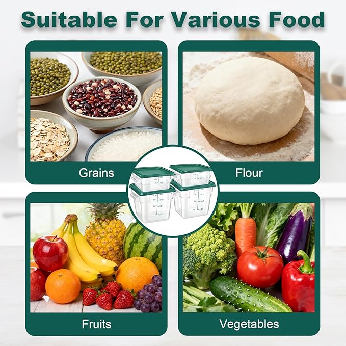 4 Pack 2QT & 4QT Food Storage Containers with Green Lids, Clear Square Commercial Food Storage Containers with Scales and Handles, BPA-Free Airtight Restaurant Container for Sourdough, Marinating Meat