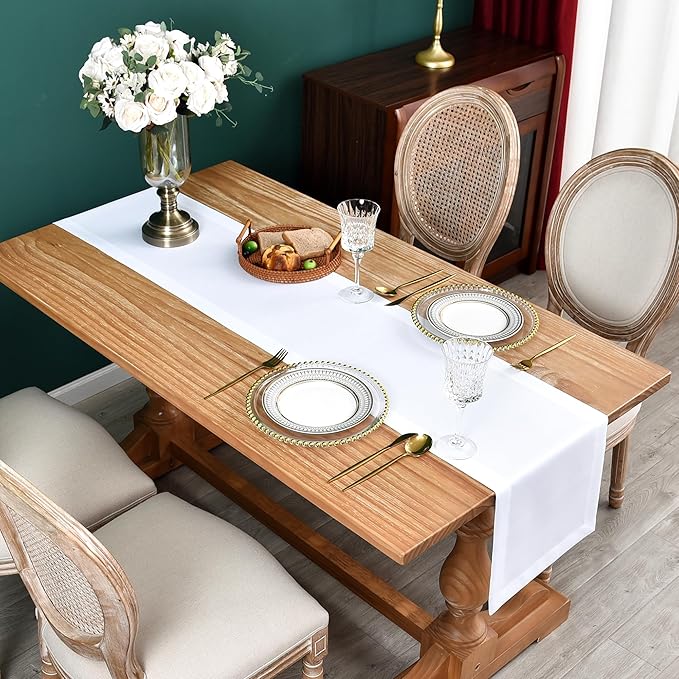NEWISHER Farmhouse Rustic Table Runner Solid White Rectangular Table Runners Faux Linen Table Runner for Everyday Use Kitchen Dining Party Table 13x60 Inch