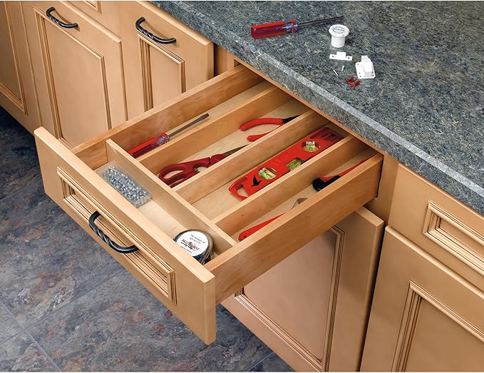 Rev-A-Shelf Trim-to-Fit Shallow Drawer Organizer for Kitchen Utensils, Cutlery Cabinet Storage Divider Insert, 23.98 x 21.97 in, Maple Wood, 4WUT-3SH
