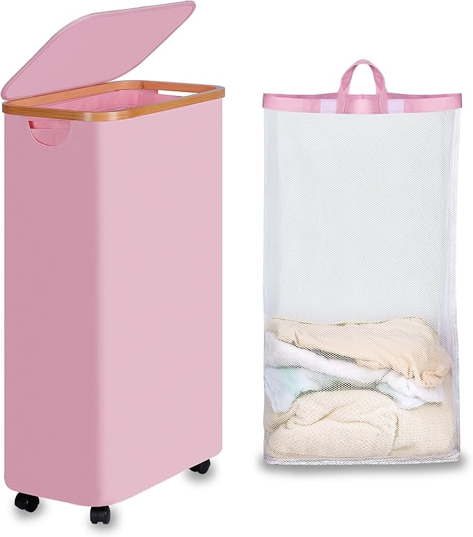 efluky Slim Laundry Basket with Wheels, Narrow Rolling Laundry Hamper with Lid and Removable Bag, Tall Aesthetic Dirty Clothes Hamper on Wheels for Laundry Room, Bedroom, Dorm and Bathroom, 75L Pink