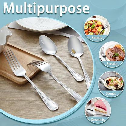 24 PCS Spoons and Forks Set, Food Grade Stainless Steel with Pearl Dot Design Handle Silverware Set, Mirror Polished Dishwasher Safe, Silverware Forks and Spoons for Home or Restaurant