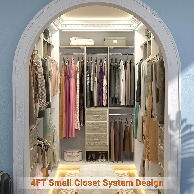 4FT Small Closet System with 3 Fabric Drawers, 48'' Closet Organizer System With 3 Adjustable Shelves, Flexible Built-In Clothes Garment Rack for Small Space, 48"L x 13"W x 71"H, White Oak