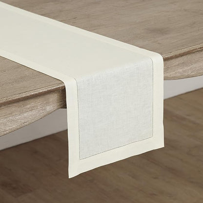 Solino Home Linen Ivory Table Runner 144 Inches Long - 100% Pure Linen Extra Long Table Runner 14 x 144 Inch for Christmas, New Year - Classic Hemstitch