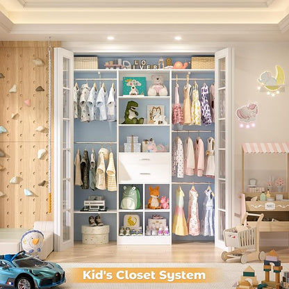 5FT Small Closet System, Baby Closet Organizer System with Wooden Drawers, 60 Inches Walk In Closet System With 5 Hanging Rods and 3 Reversible Hanging Shelving, White