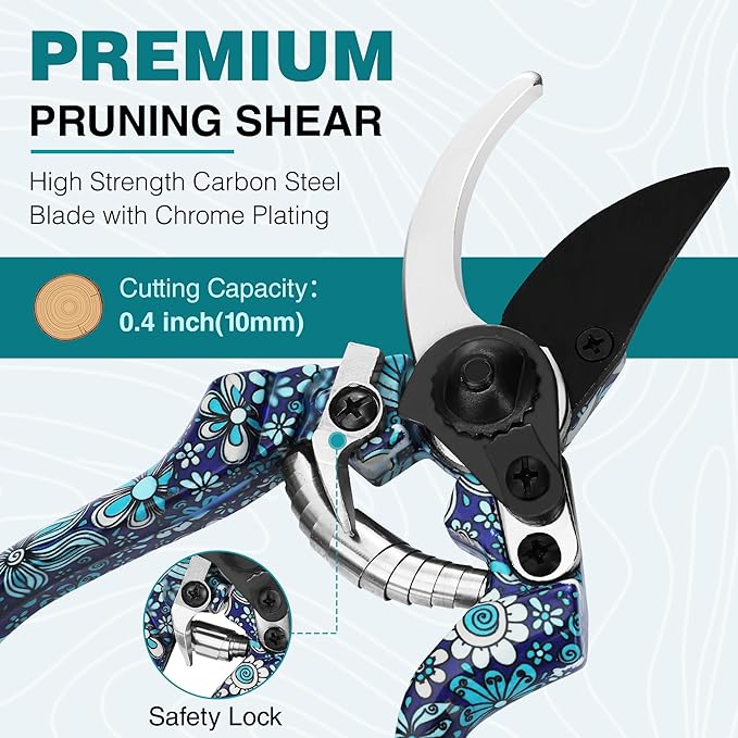 WORKPRO Aluminum Garden Tool Set, 4PCS Heavy Duty Hand Garden Tools with Box Include Trowel, Rake, Pruner, Garden Gloves, Blue Floral, Garden Gifts