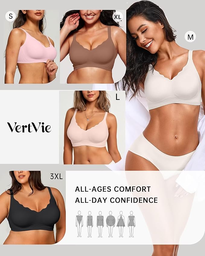 Vertvie Womens Seamless Bras No Underwire Supportive Wireless Push Up Full Coverage Bralette Comfort Scalloped T-Shirt Bra