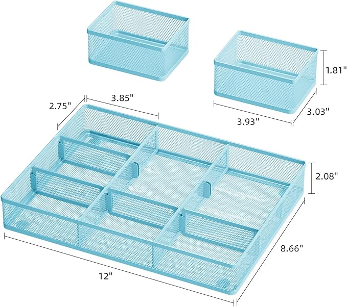 Marbrasse 3 Packs Desk Drawer Organizers, Metal Mesh Dividers with 9 Adjustable Compartments, Pen Organizer for Drawer Tray Box Accessories for Desktop,Kitchen, Makeup(Blue)
