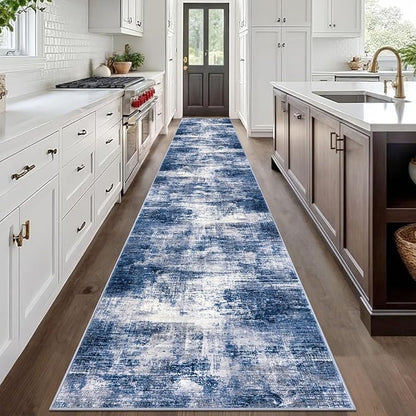 IOHOUZE Abstract Runner Rug 3x20 Ft Extra Long Washable Runners for Hallways, Non Slip Kitchen Runner Printed Faux Wool Entryway Runner Indoor, Modern Abstract Floor Carpet for Hall Stair, Navy/Grey