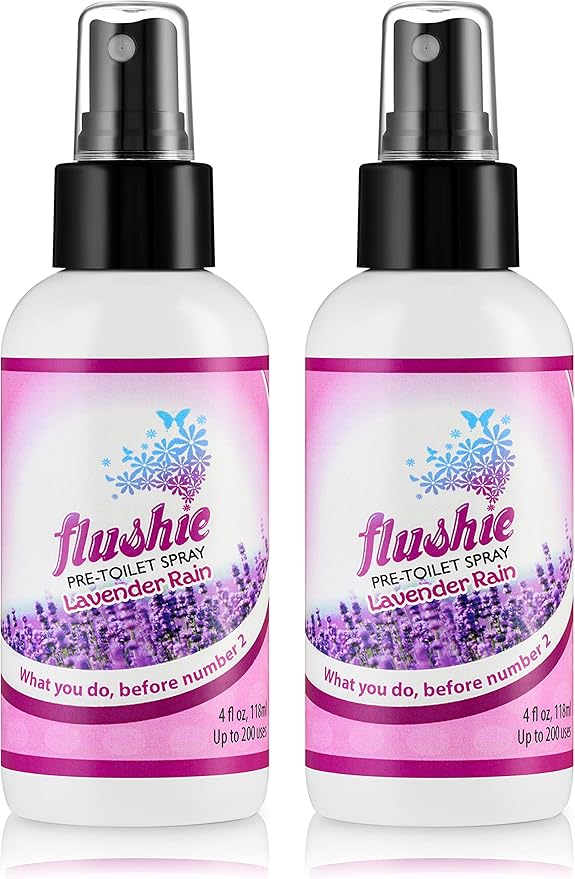 Flushie Pre-Toilet Spray for Poop Travel Size Toiletries Bathroom Spray for Poop Spray for Toilet Traveling Essentials Poop deodorizer Poop Odor eliminator (4oz Lavender Rain, 4 pack)