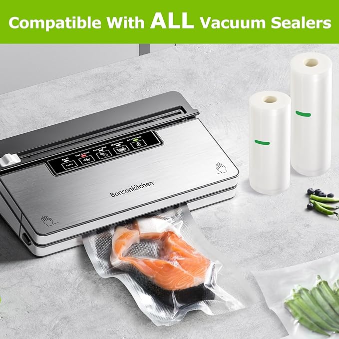 Bonsenkitchen Vacuum Sealer Bags Rolls, 11in x 50ft & 8in x 50ft Durable Food Sealer Bags, Commercial Grade, Heavy Duty, BPA Free, Seal a Meal, Great for Food Storage & Sous Vide Cooking, VB25