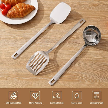 Wok Spatula Set, 18/8 Stainless Steel Kitchen Cooking Utensils Spoon set, 3 Pieces Spatula Set for Kitchen Cooking