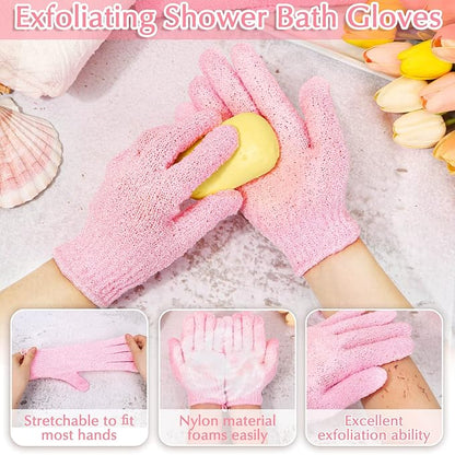 Anezus Exfoliating Shower Bath Gloves Back Scrubber Set for Body, Face, Shower, Bath, Scrub and Exfoliator (Pink)
