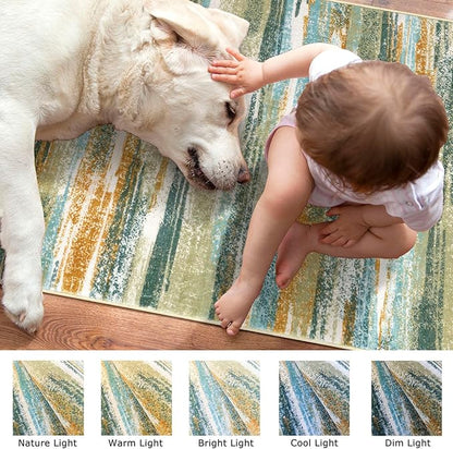 Modern Abstract Runner Rug 2.6x16, Green Mustard Multi Washable Long Kitchen Runner Non-Slip Soft Hallway Rug Runner Thin Print Faux Wool Carpet for Entryway Bedroom Laundry Room Indoor