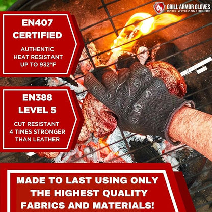 Grill Armor Oven Gloves 932°F Extreme Heat & Cut Resistant Oven Mitts with Fingers for BBQ, Cooking, Grilling, Baking –Accessory for Smoker, Cast Iron, Fire Pit, Camping, Fireplace, Griddle & More