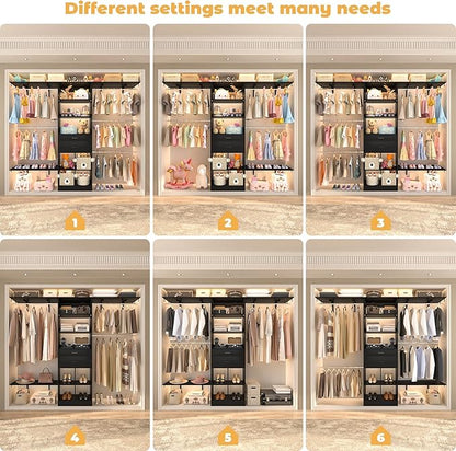 Closet System - 4.75-8FT Closet Organizer System with Wooden Drawers & Cube Storage Organizer, Up To 96" Closet Systems for Nursery & Walk-In Closets with Cuttable Hanging Shelving, Black