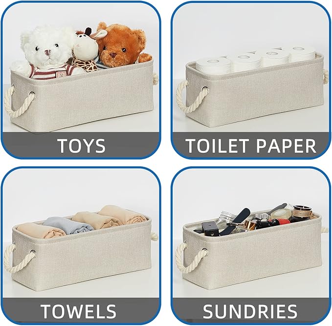 Temary Small Fabric Storage Baskets for Storage Home, Narrow Rectangle Basket with Rope Handles, Decorative Basket for Organizing Toilet Tank Top, Towels, Toilet Paper (Beige, 15Lx6Wx5.5H Inches)