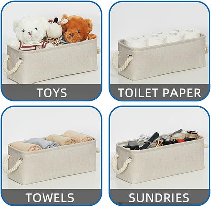 Temary Small Fabric Storage Baskets for Storage Home, Narrow Rectangle Basket with Rope Handles, Decorative Basket for Organizing Toilet Tank Top, Towels, Toilet Paper (Beige, 15Lx6Wx5.5H Inches)