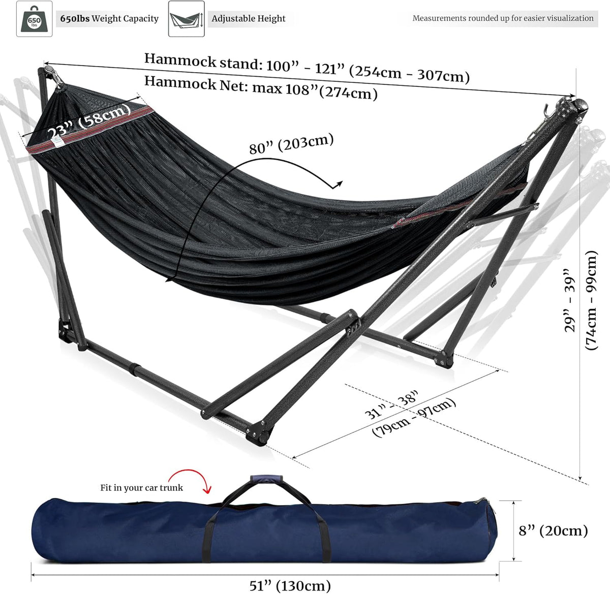 Tranquillo Universal Hammock Stand 600 lbs Capacity, Instant 20s Foldable, 3-Year Warranty Hammock with Stand, 2 Person Camping Revolutionary Portable No Screws, Premium Hammocks, Black