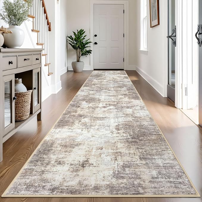 IOHOUZE Abstract Runner Rug 3x14 Ft Washable Runners for Hallways, Non Slip Kitchen Runner Printed Faux Wool Entryway Runner Indoor, Modern Abstract Floor Carpet for Hall Stair, Beige Brown