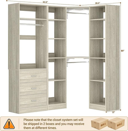 Corner Closet System with 3 Drawers, Corner Closet Organizer System with 13 Shelves & 3 Hanging Rods, 63.2"L * 39.2"W Reversible L Shaped Walk-in Closets, Load 2000+LBS, White Oak