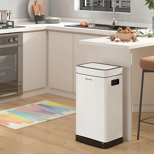 8Gallon/30L Brushed Stainless Steel Kitchen Trash Can with with Press Top Lid,Garbage Can with Inner Bucket(White)