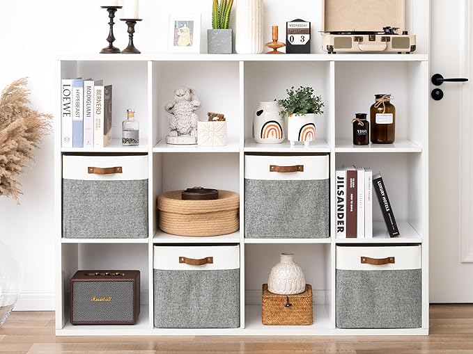 StorageWorks 13x13 Inches Storage Cube, Fabric Storage Bins with PU Handles, Collapsible Organizer Baskets for Closet, Gray and White, 4-Pack