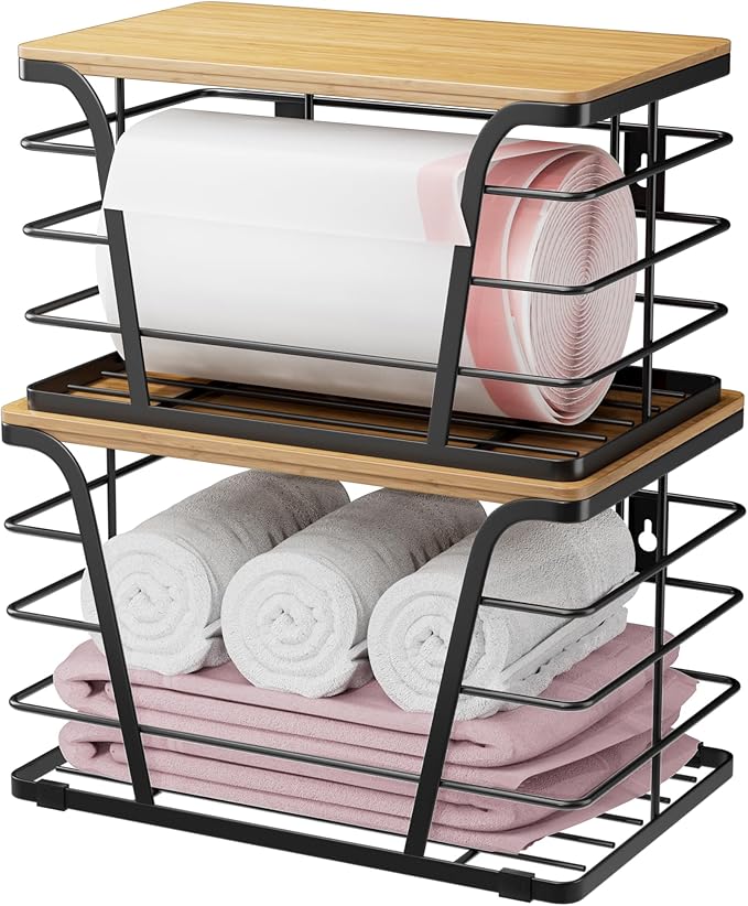 2 Pack Extra Large Pantry Storage Organizers, Pantry Baskets organization, Potato and Onion Storage Bin, Wall Mount Trash Bag Storage for 13-33 Gallon Bags with Bamboo Top, Black